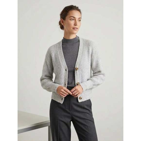 Quince Sweaters - Quince Alpaca Wool Blend Ribbed Cardigan Sweater Light Gray Size Medium